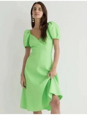 J Crew Puff-Sleeve V-neck Midi Dress in Stretch Linen Blend Summer Lime Size 4